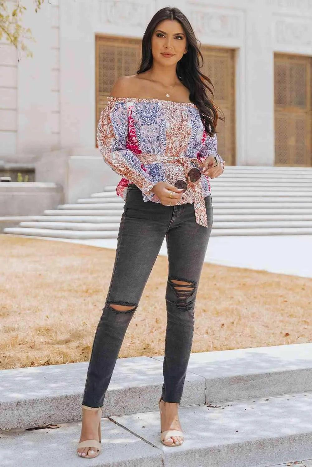 Printed Off-Shoulder Flounce Sleeve Belted Blouse Blouses - Tophatter Daily Deals