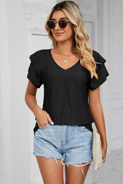 Eyelet V-Neck Short Sleeve T-Shirt Women's T-Shirts - Tophatter Daily Deals