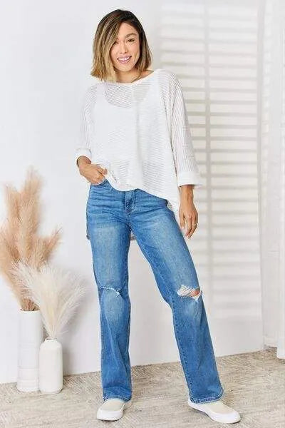 Zenana Full Size Waffle Knit V-Neck Long Sleeve Slit Top Blouses - Tophatter Daily Deals