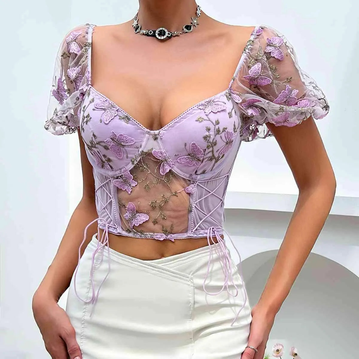 Embroidery Sweetheart Neck Short Sleeve Lace Trim Blouse Lavender Blouses - Tophatter Daily Deals