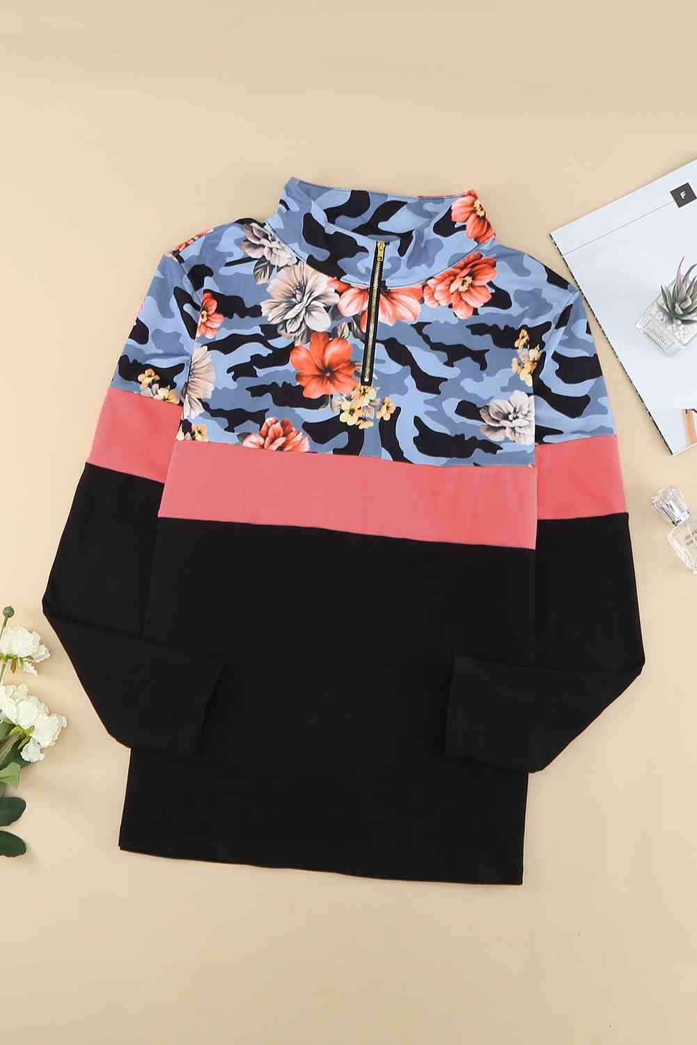 Plus Size Floral Color Block Quarter Zip Top Blouses - Tophatter Daily Deals