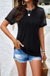 Lace Detail Round Neck Short Sleeve T-Shirt Women's T-Shirts - Tophatter Daily Deals