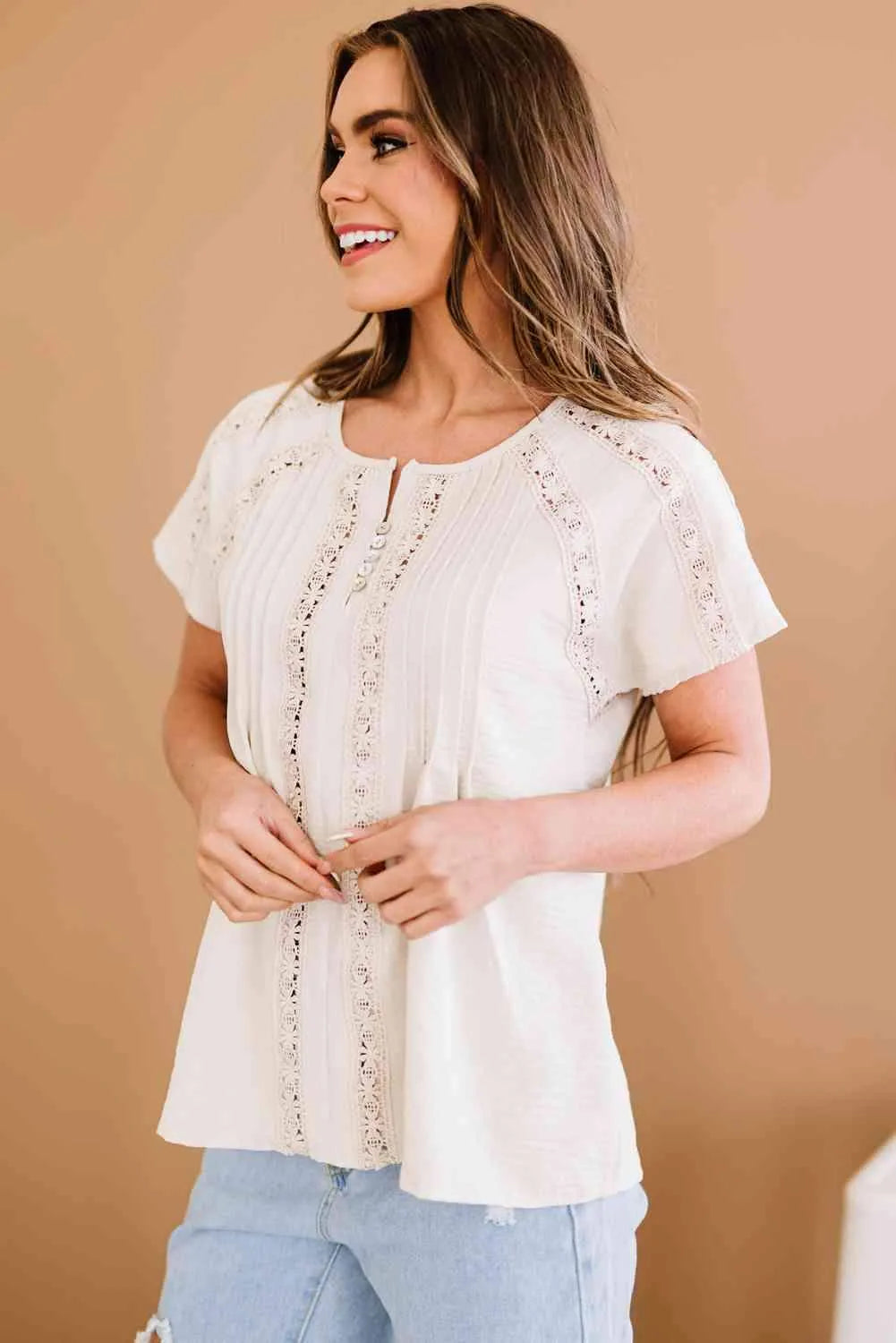 Crochet Eyelet Buttoned Short Sleeves Top Blouses - Tophatter Daily Deals
