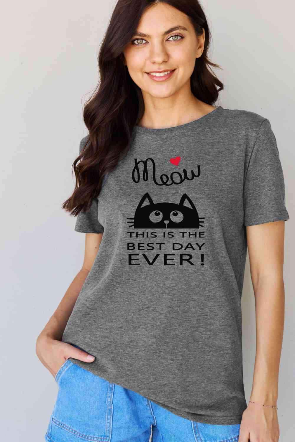 Simply Love Full Size MEOW THIS IS THE BEST DAY EVER! Graphic Cotton T-Shirt Women's T-Shirts - Tophatter Daily Deals