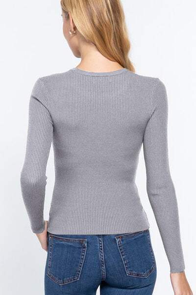 ACTIVE BASIC Full Size Ribbed Round Neck Long Sleeve Knit Top Women's T-Shirts - Tophatter Daily Deals