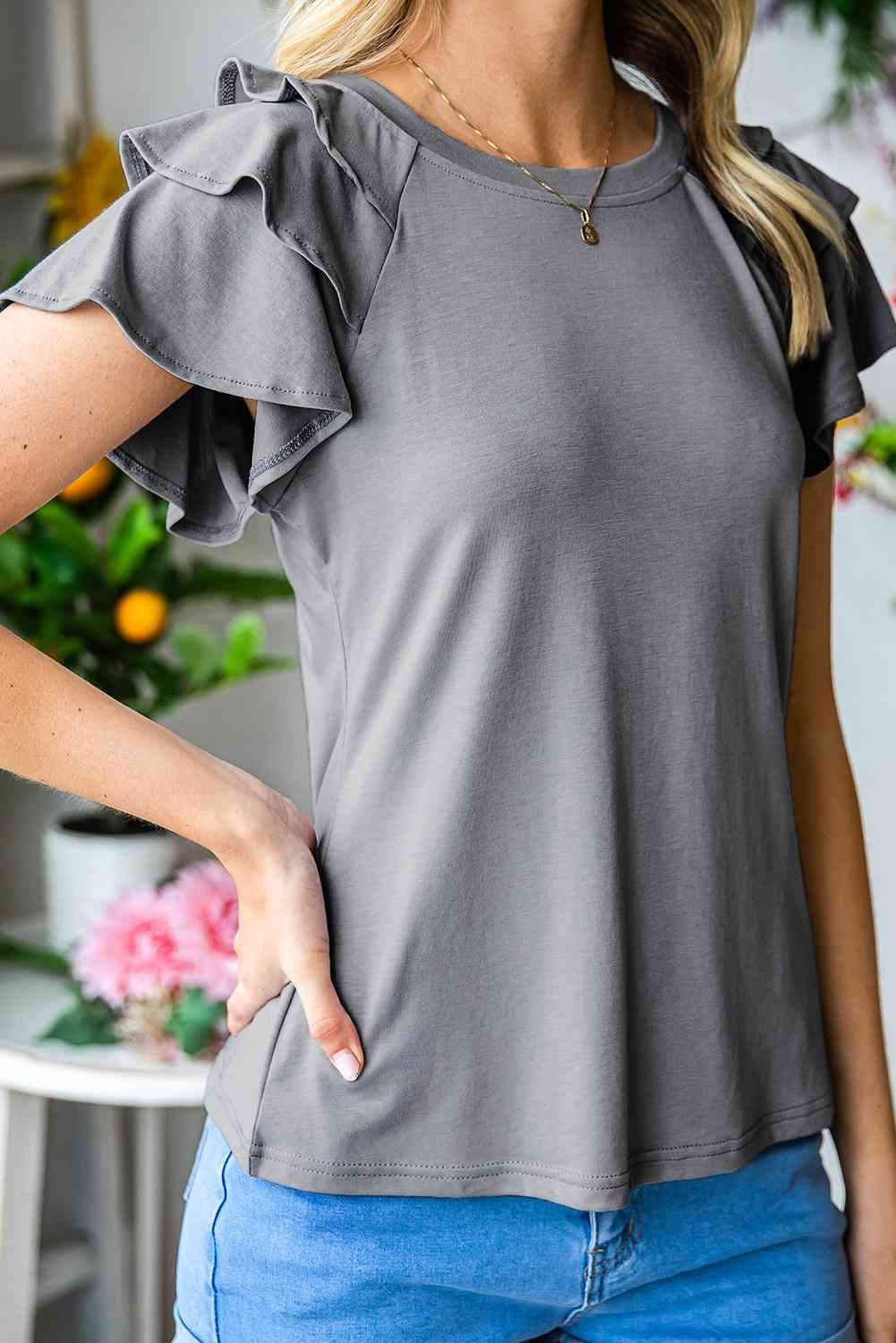 Layered Flutter Sleeve Round Neck Top Blouses - Tophatter Daily Deals