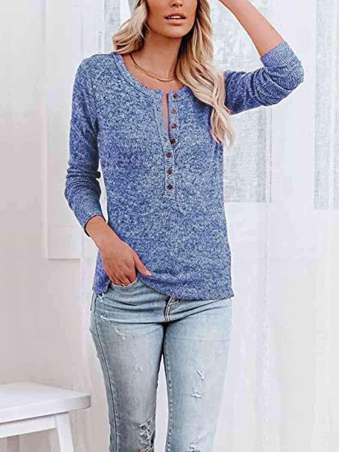 Round Neck Buttoned Long Sleeve T-Shirt Misty Blue Women's T-Shirts - Tophatter Daily Deals