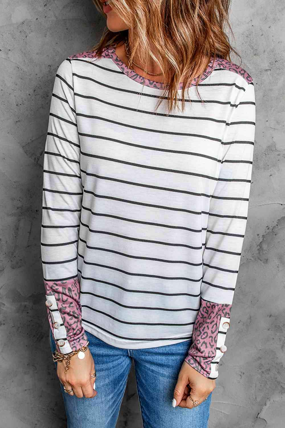 Striped Leopard Round Neck Long Sleeve Tee White Women's T-Shirts - Tophatter Daily Deals