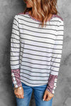 Striped Leopard Round Neck Long Sleeve Tee White Women's T-Shirts - Tophatter Daily Deals