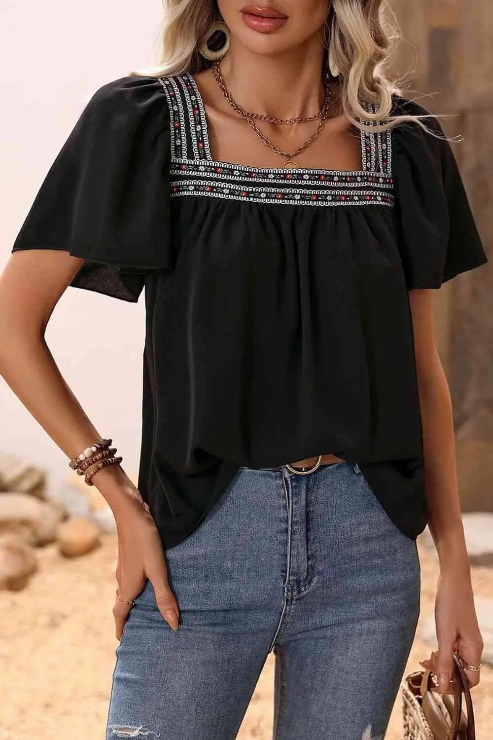 Contrast Square Neck Puff Sleeve Blouse Black Blouses - Tophatter Daily Deals
