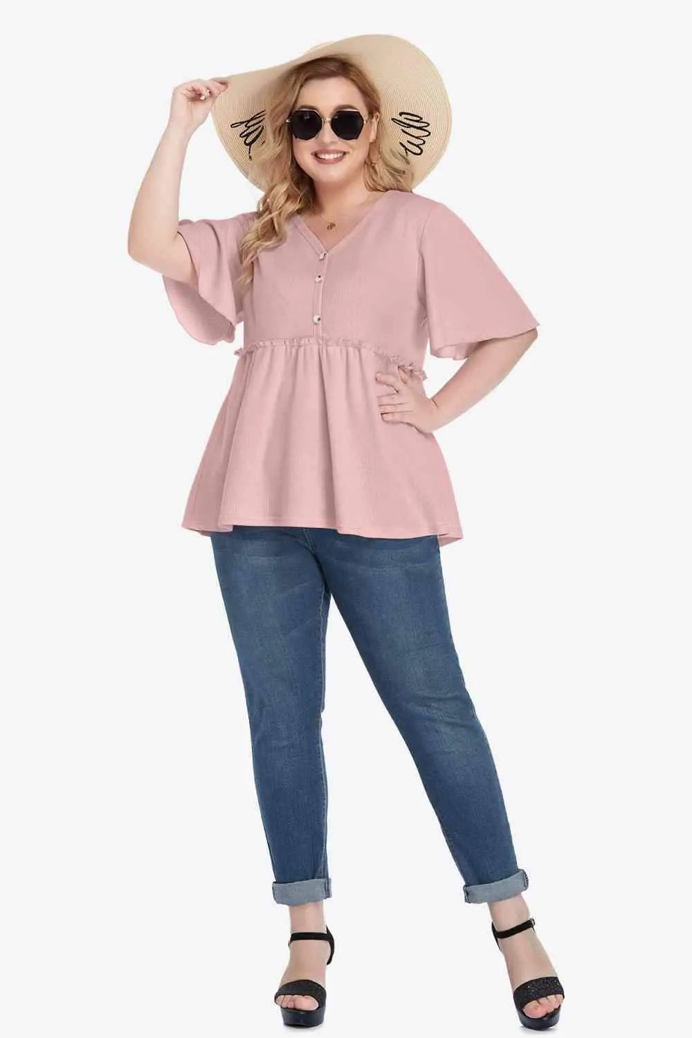 Plus Size Buttoned V-Neck Frill Trim Babydoll Blouse Blouses - Tophatter Daily Deals
