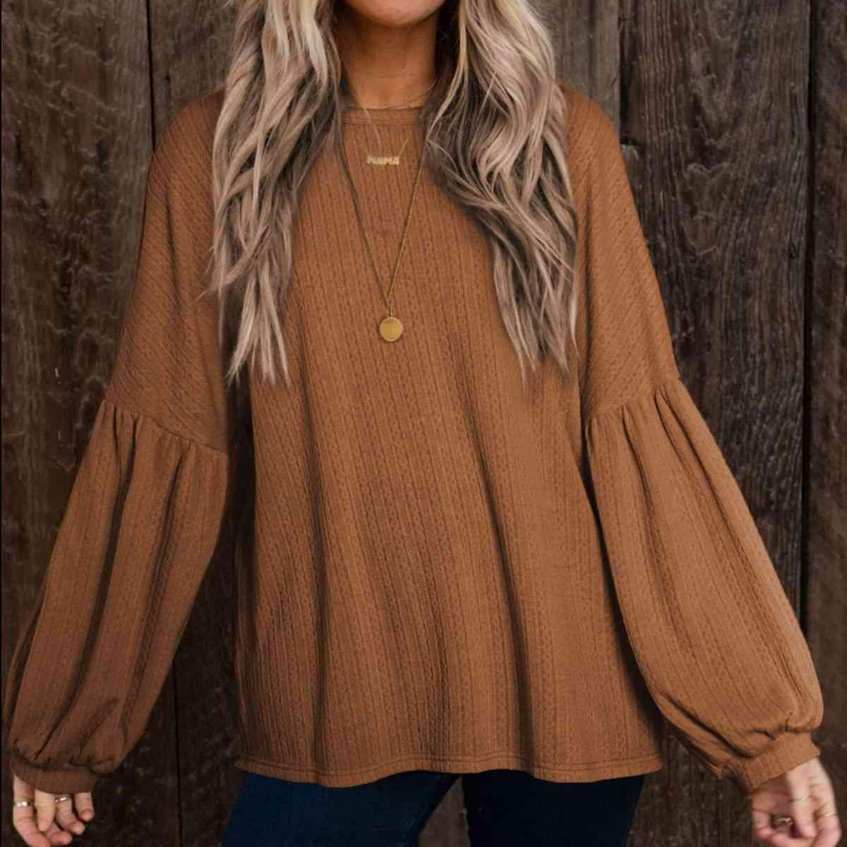 Round Neck Long Sleeve Ruched Blouse Camel Blouses - Tophatter Daily Deals