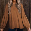 Round Neck Long Sleeve Ruched Blouse Camel Blouses - Tophatter Daily Deals