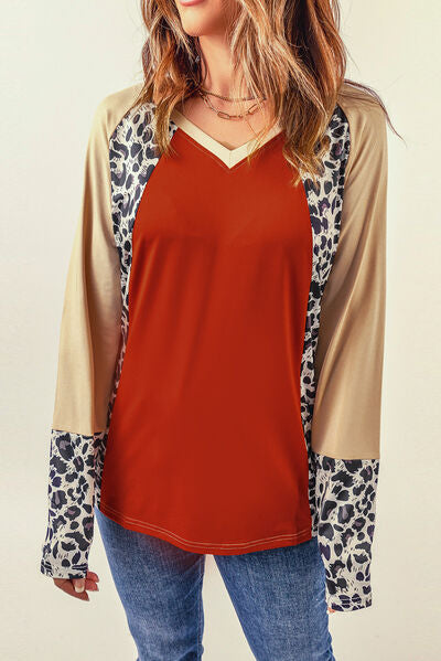 Leopard Round Neck Long Sleeve T-Shirt Red Women's T-Shirts - Tophatter Daily Deals