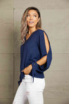 Double Take V-Neck Tie Cuff Slit Blouse Blouses - Tophatter Daily Deals