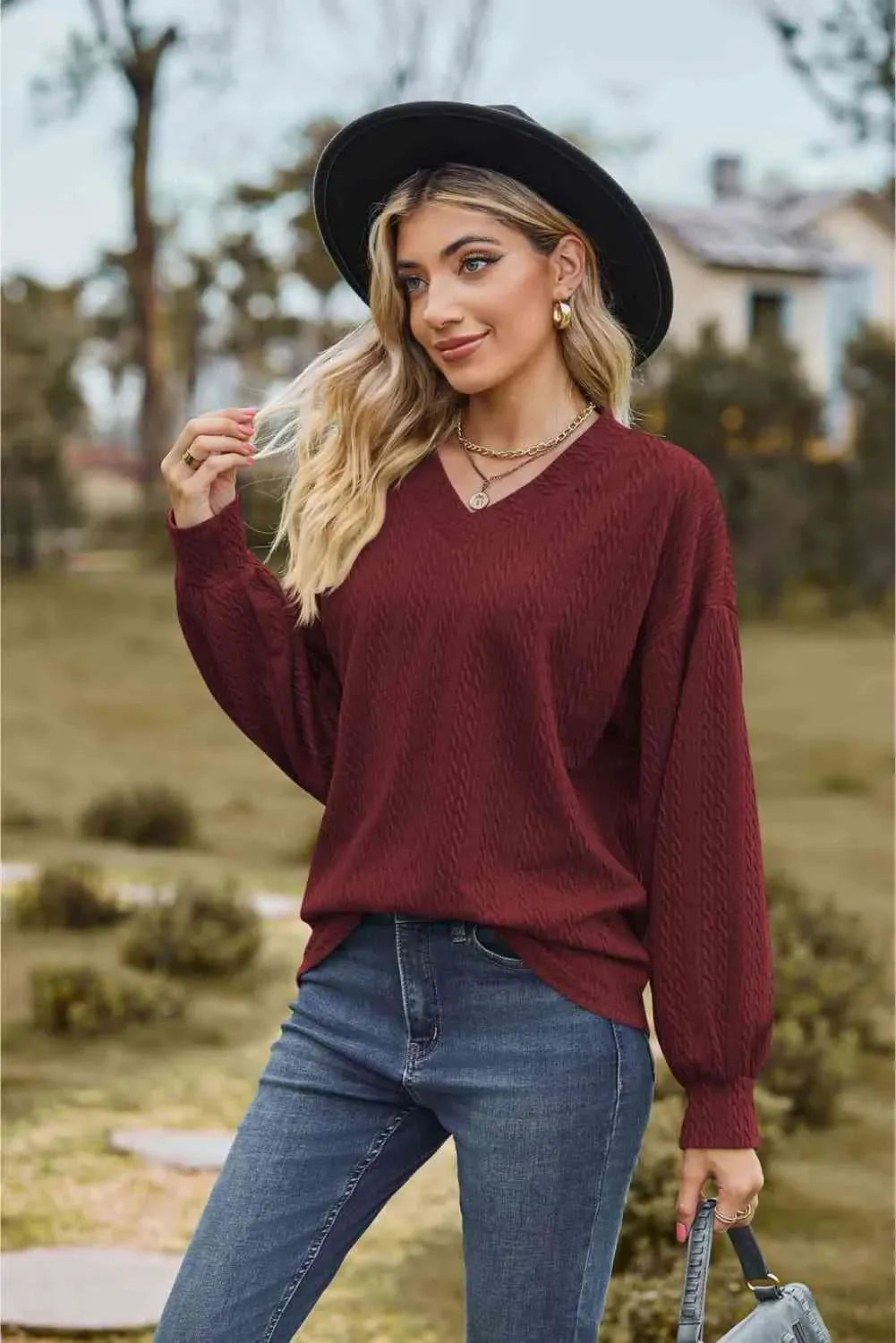 V-Neck Dropped Shoulder Blouse Blouses - Tophatter Daily Deals