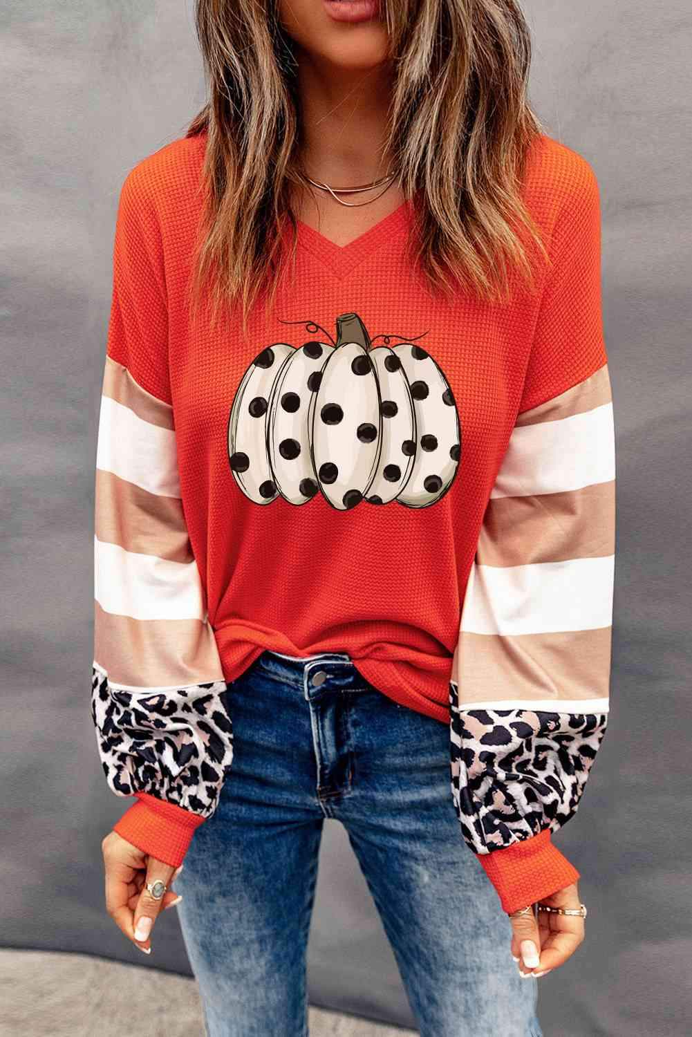 V-Neck Waffle-Knit Pumpkin Graphic Leopard Tee Blouses - Tophatter Daily Deals