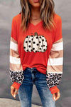 V-Neck Waffle-Knit Pumpkin Graphic Leopard Tee Blouses - Tophatter Daily Deals