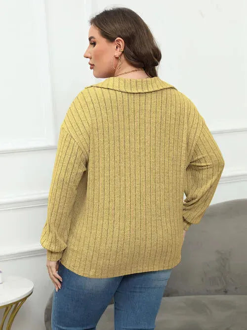 Plus Size Ribbed Collared Neck Long Sleeve Blouse Blouses - Tophatter Daily Deals
