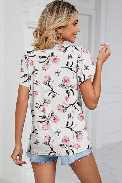 Floral V-Neck Short Sleeve T-Shirt Women's T-Shirts - Tophatter Daily Deals