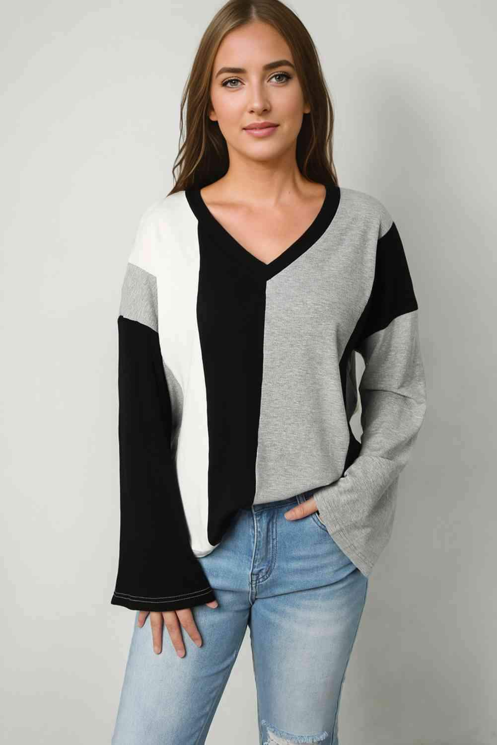 Color Block V-Neck Top Black Blouses - Tophatter Daily Deals