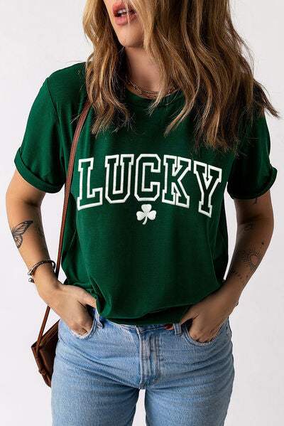 LUCKY Round Neck Short Sleeve T-Shirt Green Women's T-Shirts - Tophatter Daily Deals