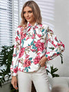 Printed Tie Neck Long Sleeve Blouse Blouses - Tophatter Daily Deals