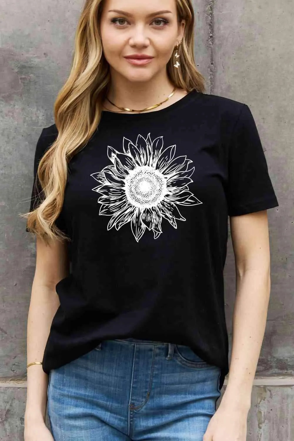 Simply Love Full Size Sunflower Graphic Cotton Tee Black Women's T-Shirts - Tophatter Daily Deals