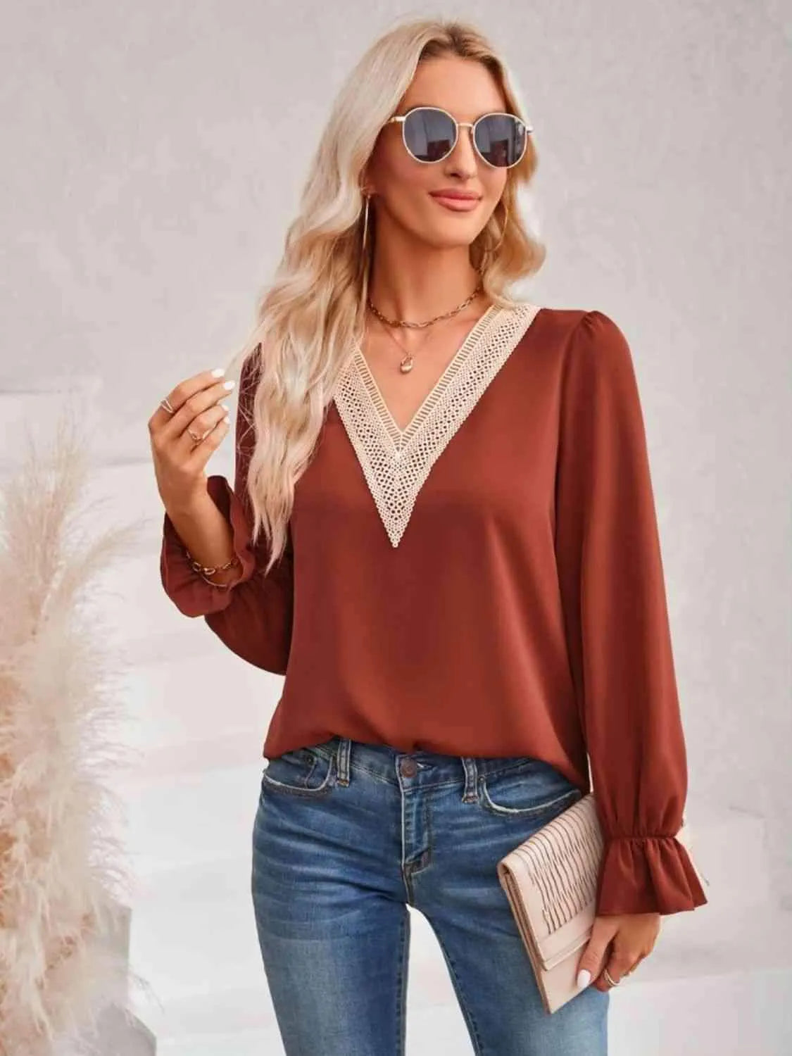 Contrast Trim Flounce Sleeve V-Neck Blouse Brick Red Blouses - Tophatter Daily Deals