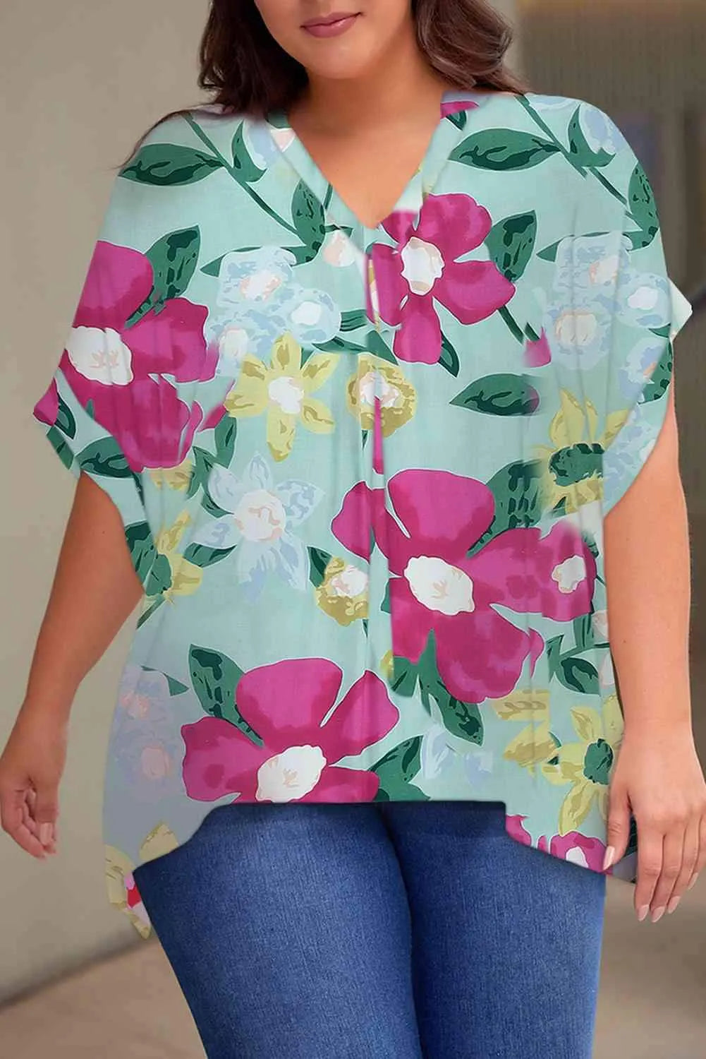 Plus Size Printed Notched Neck Half Sleeve Top Women's T-Shirts - Tophatter Daily Deals