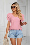 Eyelet Layered Flutter Sleeve V-Neck Knit Top Blush Pink Blouses - Tophatter Daily Deals