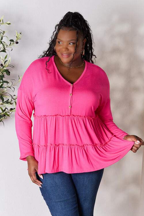 Double Take Half Button Long Sleeve Ruffle Hem Blouse Hot Pink Blouses - Tophatter Daily Deals