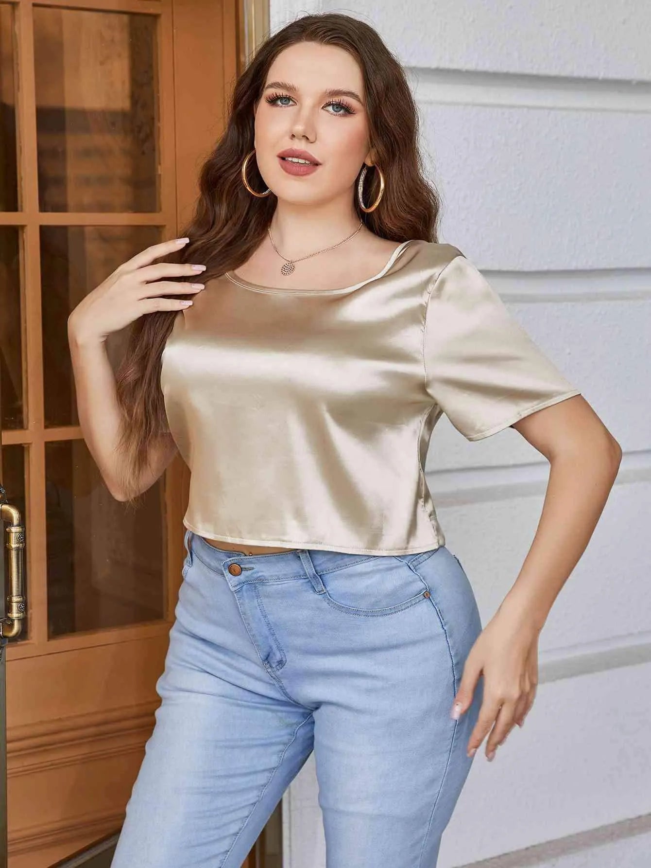 Plus Size Short Sleeve Tie Back Blouse Blouses - Tophatter Daily Deals