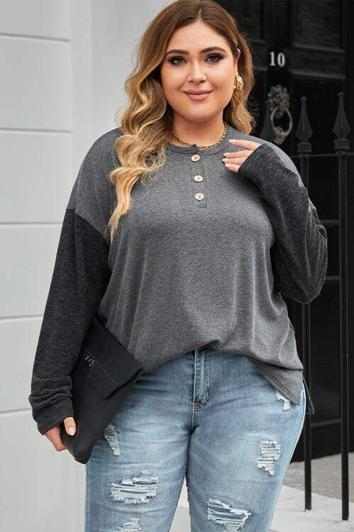 Plus Size Round Neck Long Sleeve Buttoned Blouse Blouses - Tophatter Daily Deals