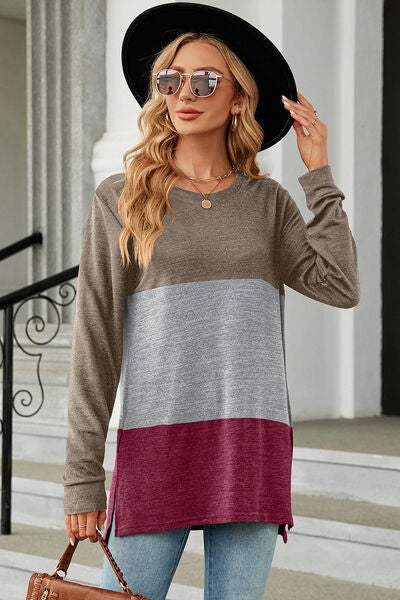 Color Block Round Neck Long Sleeve T-Shirt Women's T-Shirts - Tophatter Daily Deals