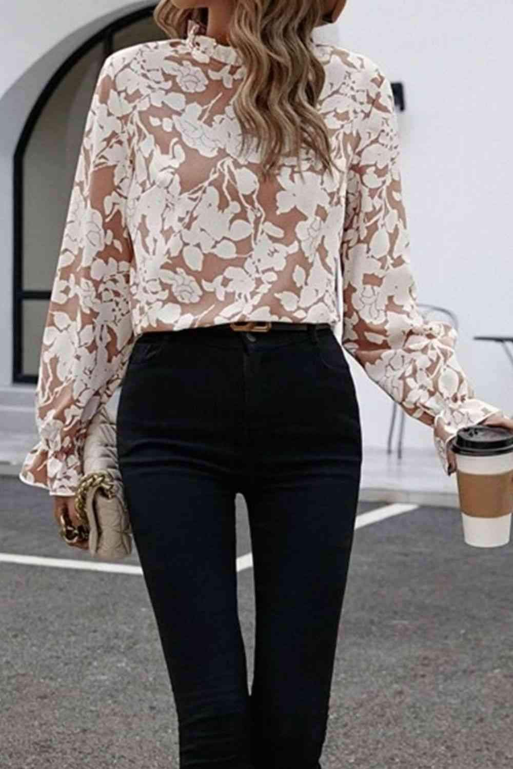 Floral Print Mock Neck Flounce Sleeve Blouse Floral Blouses - Tophatter Daily Deals