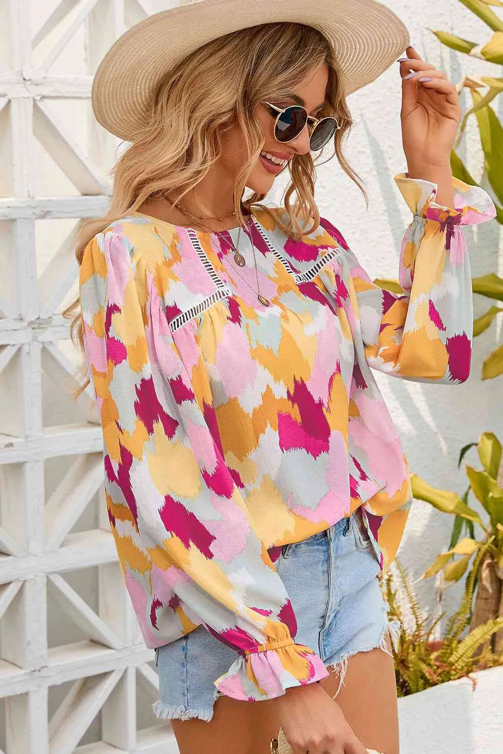 Printed Flounce Sleeve Buttoned Blouse Blouses - Tophatter Daily Deals