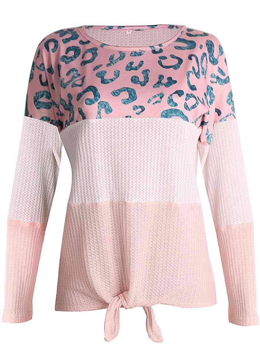 Leopard Color Block Waffle-Knit Top Blush Pink Women's T-Shirts - Tophatter Daily Deals