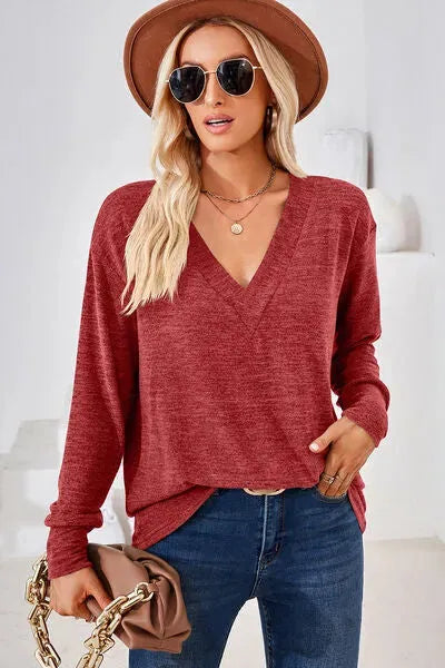 V-Neck Dropped Shoulder T-Shirt Brick Red Women's T-Shirts - Tophatter Daily Deals