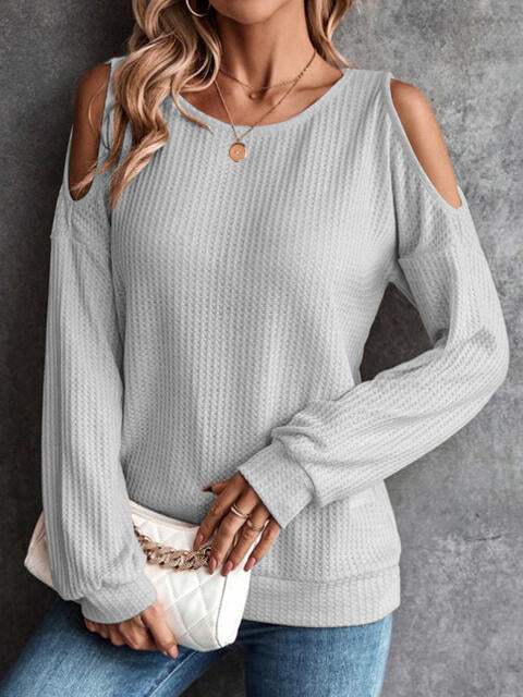 Round Neck Cold-Shoulder Waffle-Knit Top Light Gray Blouses - Tophatter Daily Deals