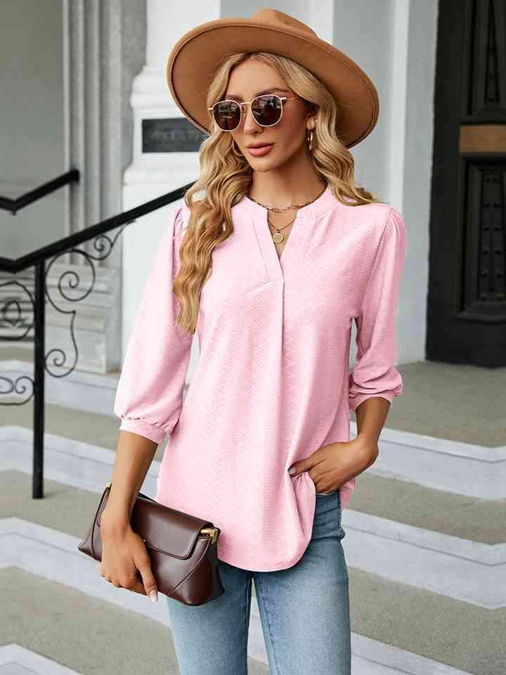 Notched Neck Three-Quarter Sleeve Blouse Women's T-Shirts - Tophatter Daily Deals