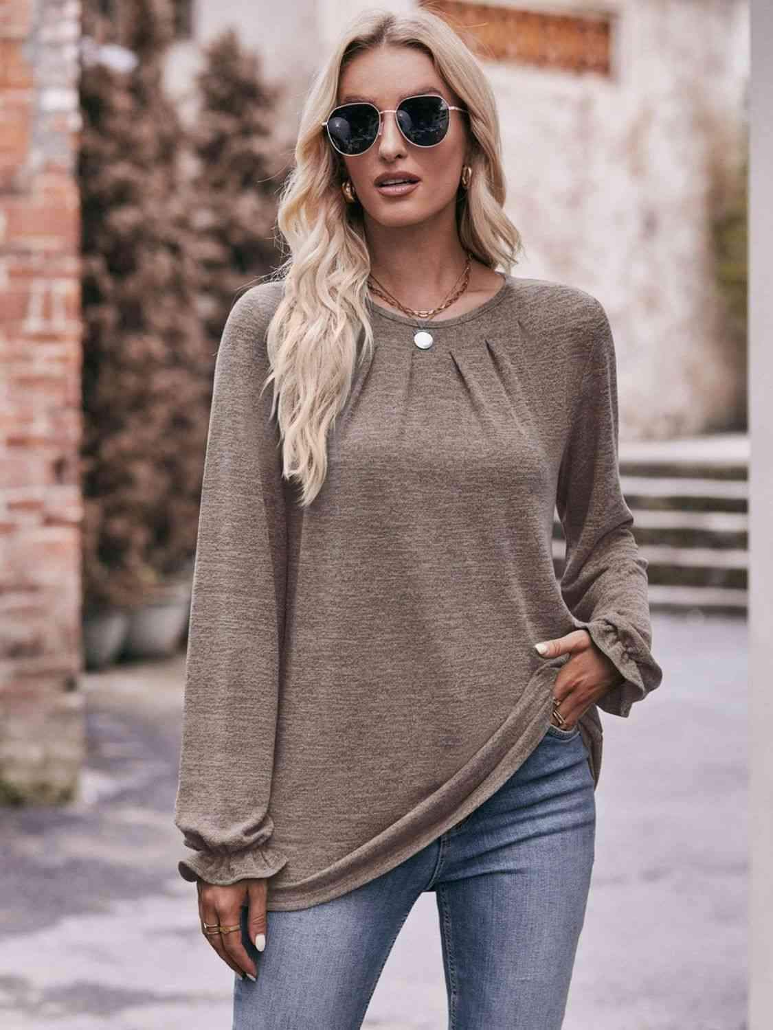 Double Take Long Flounce Sleeve Round Neck Blouse Blouses - Tophatter Daily Deals