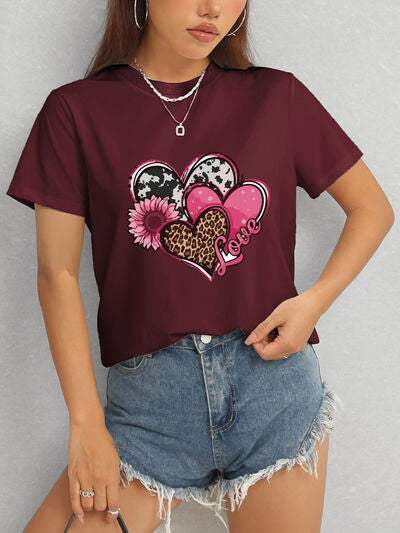 Heart Round Neck Short Sleeve T-Shirt Women's T-Shirts - Tophatter Daily Deals