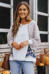 Floral Lantern Sleeve Round Neck Top White Blouses - Tophatter Daily Deals