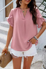 Notched Ruffled Petal Sleeve T-Shirt Dusty Pink Women's T-Shirts - Tophatter Daily Deals