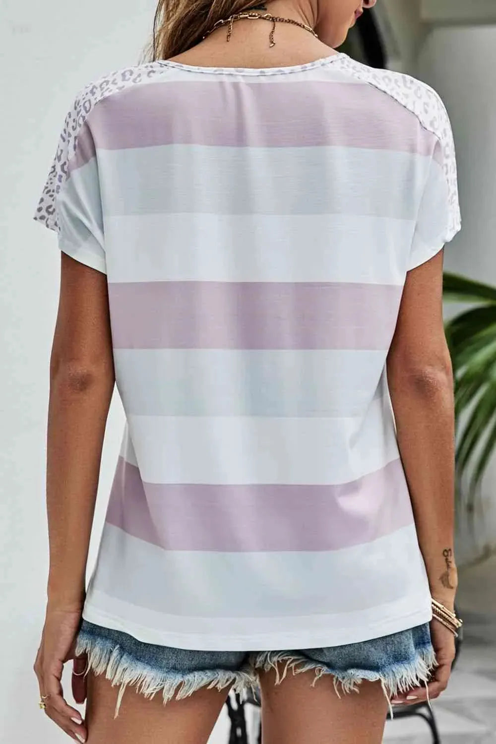 Leopard Striped V-Neck Tee Shirt Women's T-Shirts - Tophatter Daily Deals