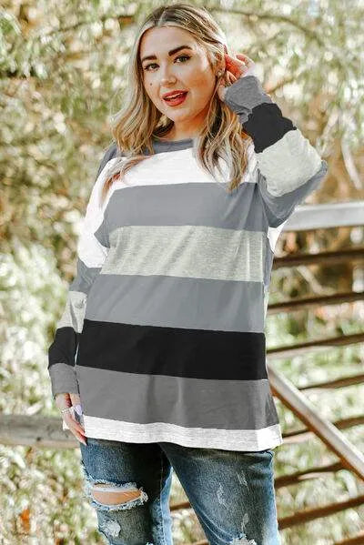 Plus Size Striped Slit Long Sleeve T-Shirt Women's T-Shirts - Tophatter Daily Deals