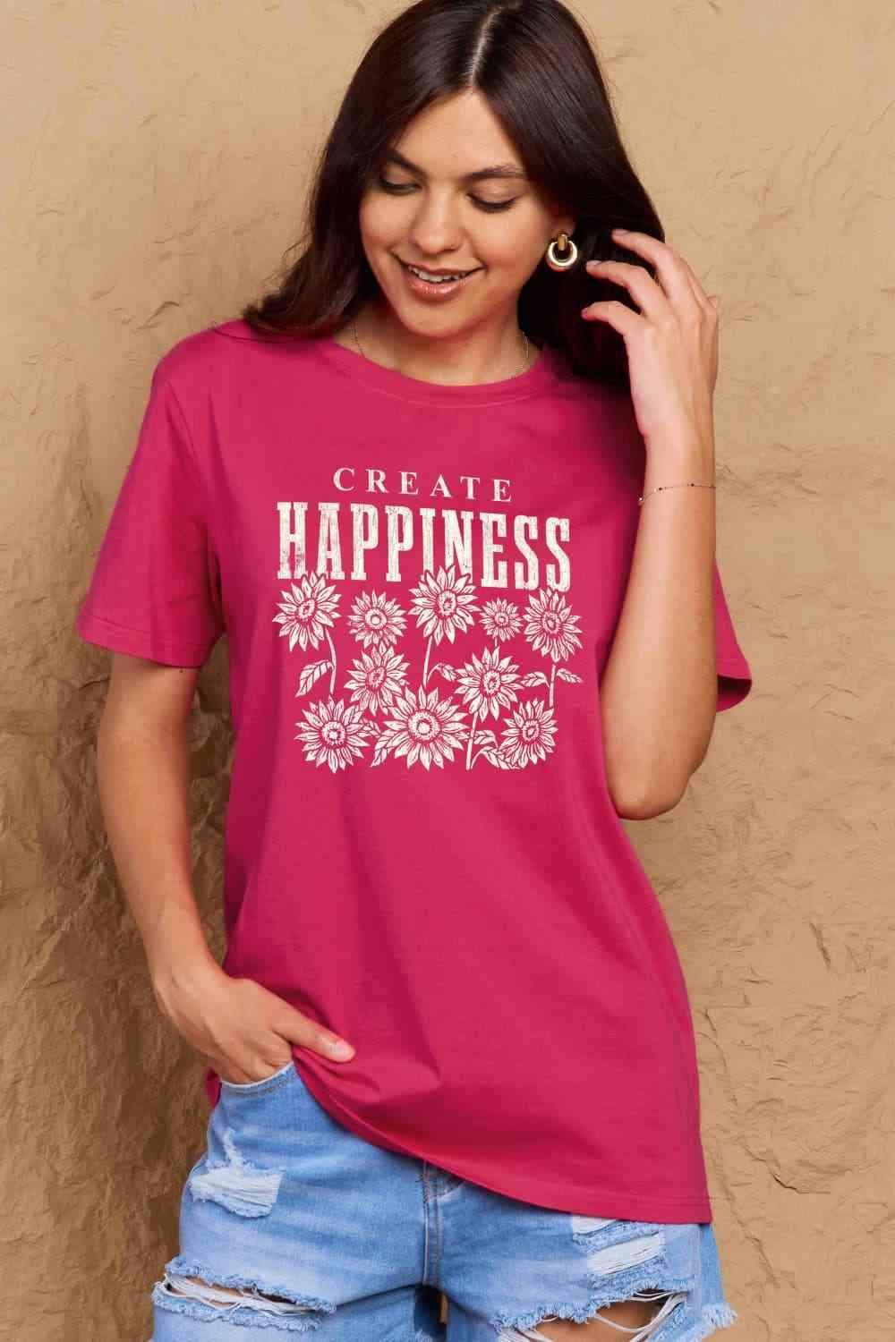 Simply Love Full Size CREATE HAPPINESS Graphic Cotton T-Shirt Women's T-Shirts - Tophatter Daily Deals