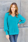 Basic Bae Full Size V-Neck Lantern Sleeve Blouse Sky Blue Blouses - Tophatter Daily Deals