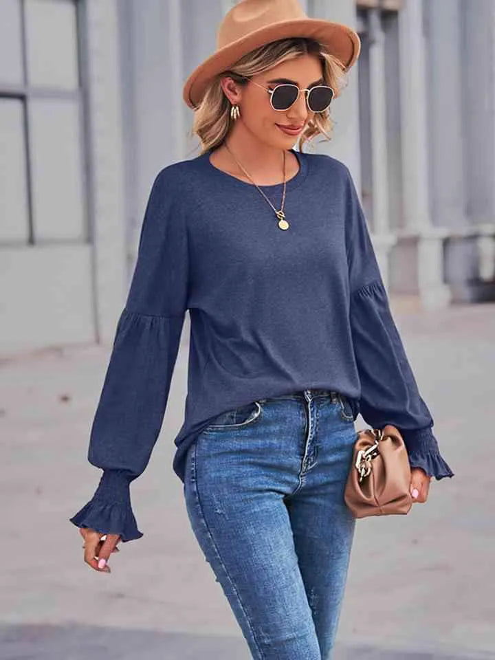 Round Neck Flounce Sleeve Blouse Peacock Blue Blouses - Tophatter Daily Deals